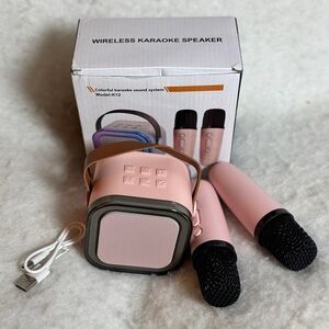 Mini Pink Karaoke Speaker With 2 Wireless Microphones LED Portable Speaker